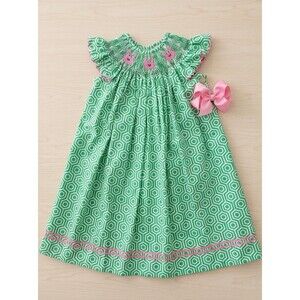 Southern Tots Girls 4T Green/White Smocked Geometric Crab Embroidered Dress